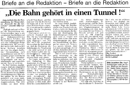 Leserbrief Bahn geh&ouml;rt in Tunnel